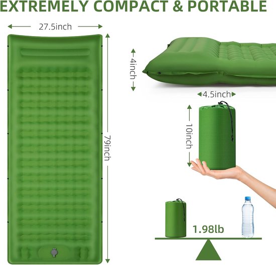 Zelfopblazend kampeermatras, draagbaar en compact, perfect voor buitenactiviteiten - lichtgroen van Merkloos — afbeelding 4