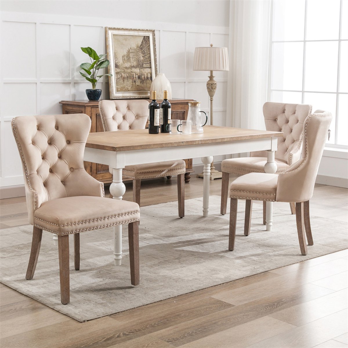 YEHTOKHOME Fluwelen Eetkamerstoelen Set van 4, Keukenstoel Woonkamerstoel met unieke deurklopper op de rugleuning, Gestoffeerde stoel met spijkerkop, Massief houten poten, Velvet bekleding, Beige