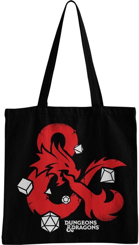 Zwarte draagtas met een rode Dungeons & Dragons logo en dobbelstenen.