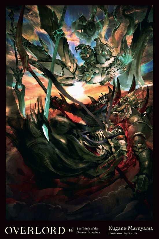 Overlord 14: The Witch of the Doomed Kingdom. Een duister fantasy-boek met gedetailleerde illustraties van demonische figuren en wapens.