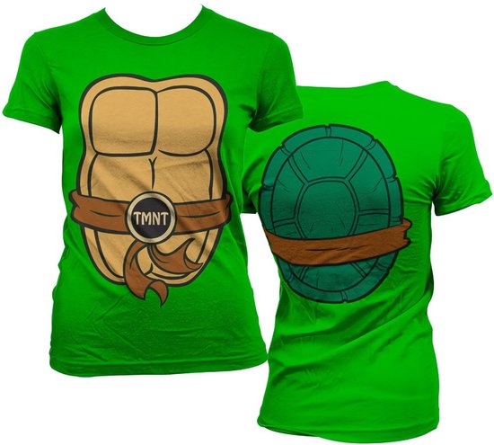 Groen TMNT-kostuum T-shirt, voorkant met bruine buik en band, achterkant met schild.