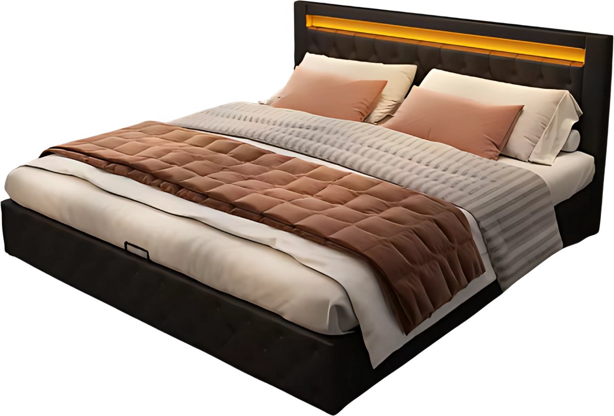 Bed - Tweepersoonsbedden - Tweepersoonsbed - Voor Slaapkamer - Functioneel Tweepersoonsbed met LED-verlichting, Lattenbodem & Opbergruimte - Zwart PU Lee - 160x200