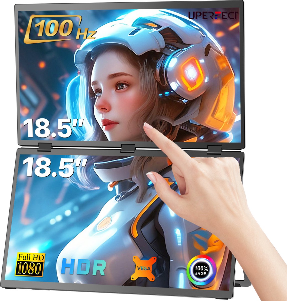 UPERFECT E12 Dual Portable Monitor 18.5" Touch Screen 100Hz 100% sRGB Draagbaar Monitor Aanraakscherm with Stand & VESA Mount for Laptop/Switch/MacBook