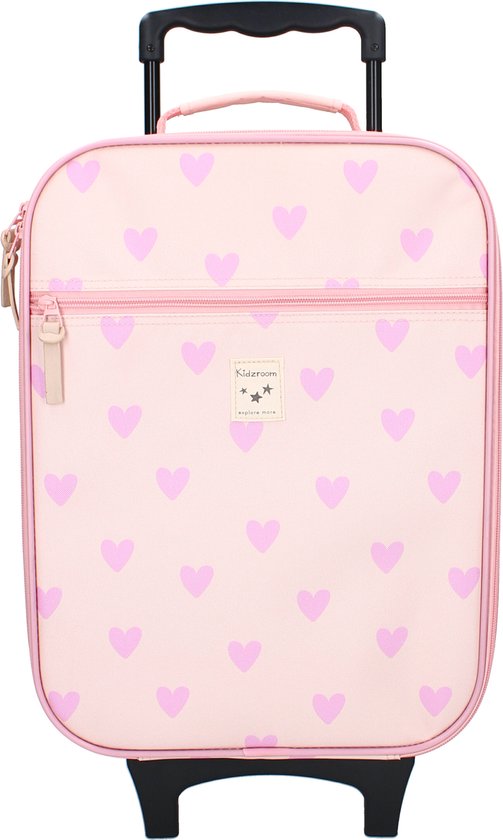 Roze koffer met lichtroze hartjespatroon, ritsvak en uitschuifbaar handvat.