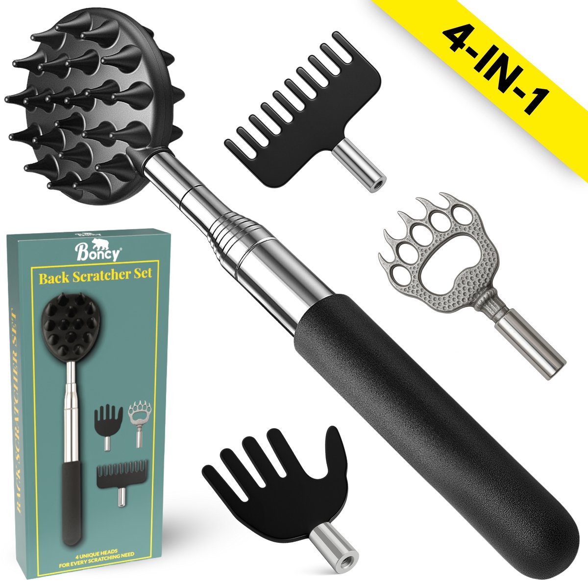 Boncy® Rugkrabber Uitschuifbaar - Ruggenkrabber 4-Koppige Set met Opzetstukken - Rugmassage - Kunststof Rug Krabber Handje - Telescopische Ruggen Massage Hoofdkrabber