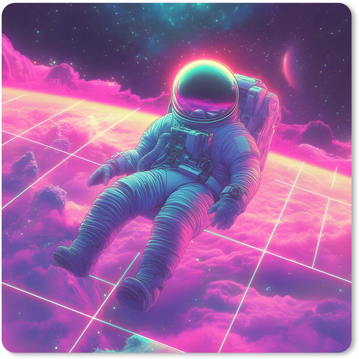 Muismat XXL 60x60 cm - Bureau onderlegger - Bureau mat Astronaut - Neon - Roze - Wolken - Bureaumat - Gaming mousepad xl - Bureaulegger groot - Computer deskmat
