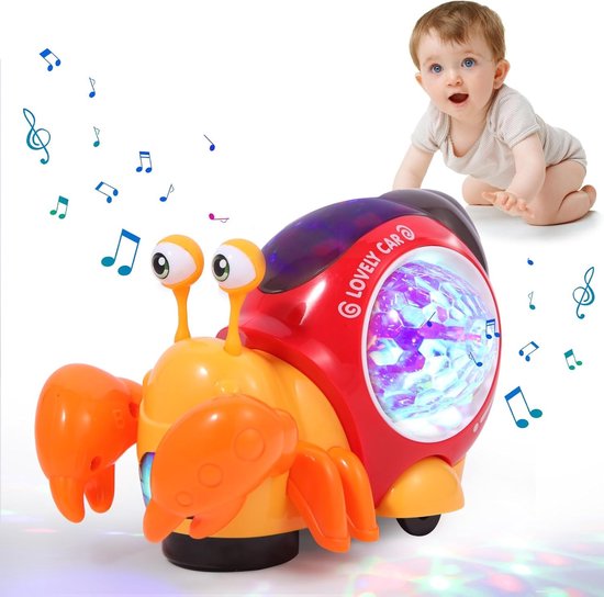 Foto: Kruipende slak baby speelgoed wandelende slak speelgoed op de buik dansend vroeg leren educatief speelgoed interactief muzikaal oplichtend kruipspeelgoed bewegend peuter speelgoed voor kinderen kruipend lichtgevend schaaldier speelgoed oranje