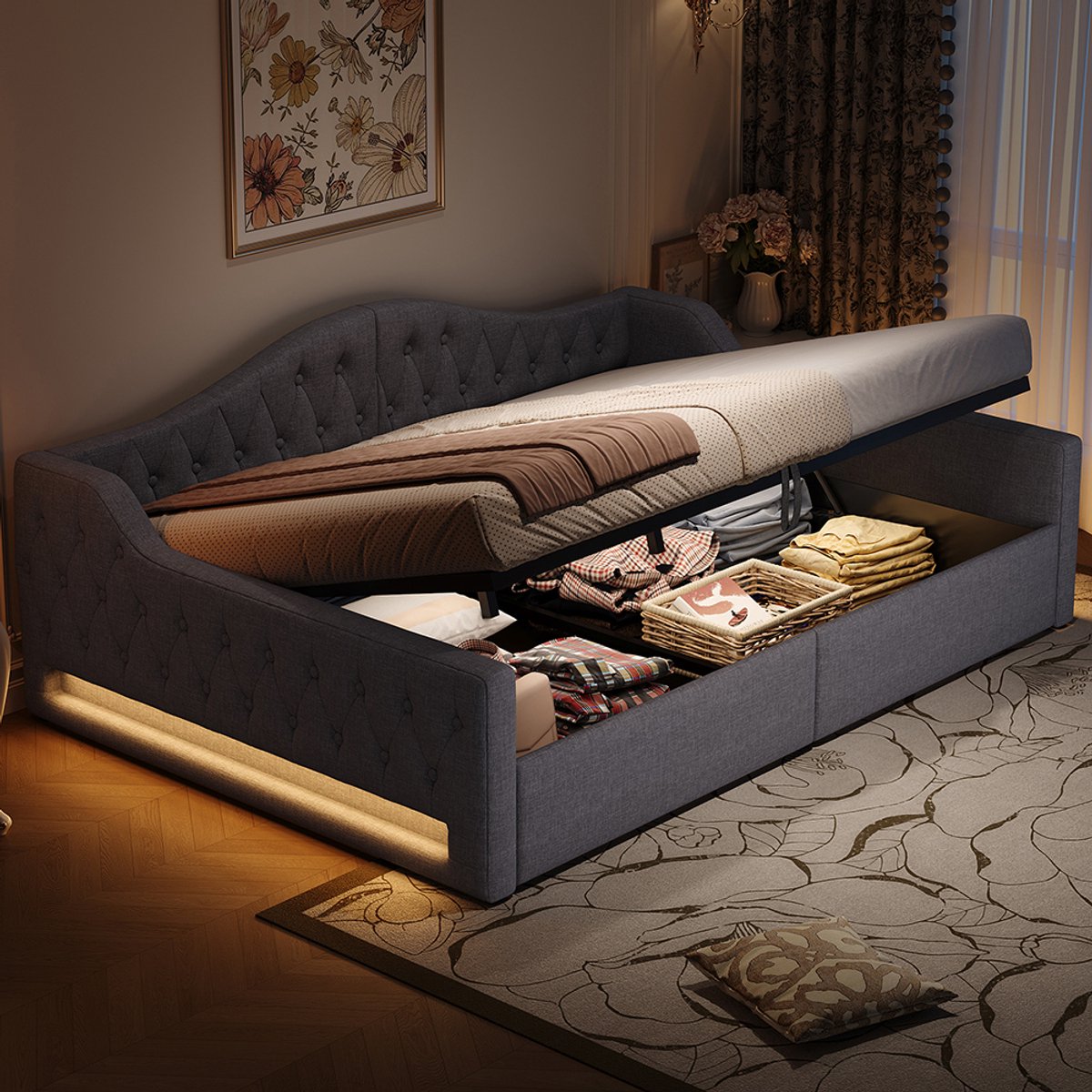 Komhtom Gestoffeerd rustbed 140x200 met ledstrip en opbergruimte eronder, grijs