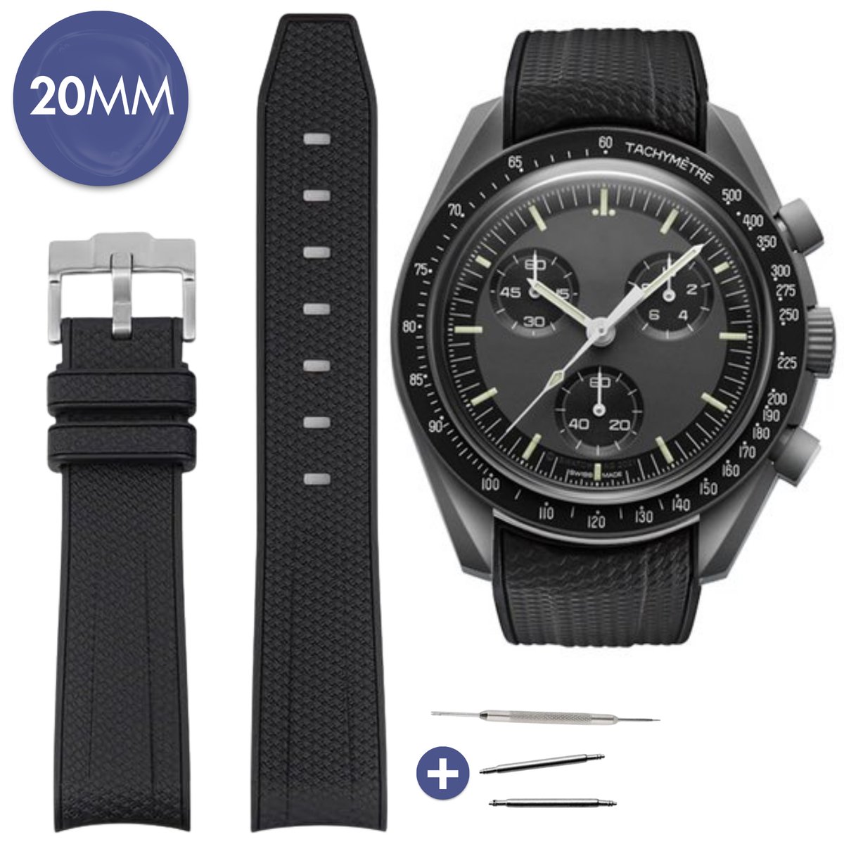 MoonSwatch - Omega - Swatch Mission on Earth - Rolex - SEIKO - Speedmaster - Rubberen horlogeband met perfecte pasvorm - 20mm - Zwart