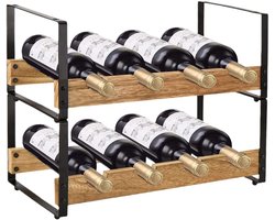 Ceruzo Wijnrek Stapelbaar – Wijnfleshouder Metaal Hout – 8 Flessen – Wijnopslag – 39.5x18x31 cm
