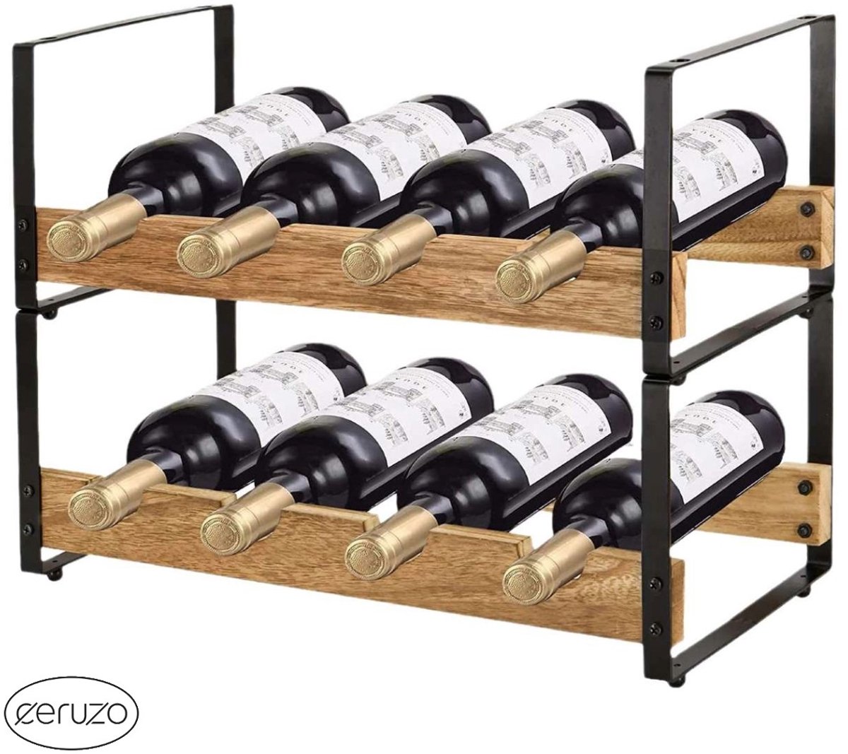 Ceruzo Wijnrek Stapelbaar – Wijnfleshouder Metaal Hout – 8 Flessen – Wijnopslag – 39.5x18x31 cm — cadeau in Wonen & Interieur - foto 2