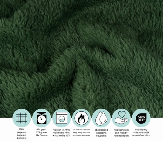 Donkergroene teddy fleece deken van 100% polyester, 574 gram. Wasbaar tot 40°C.