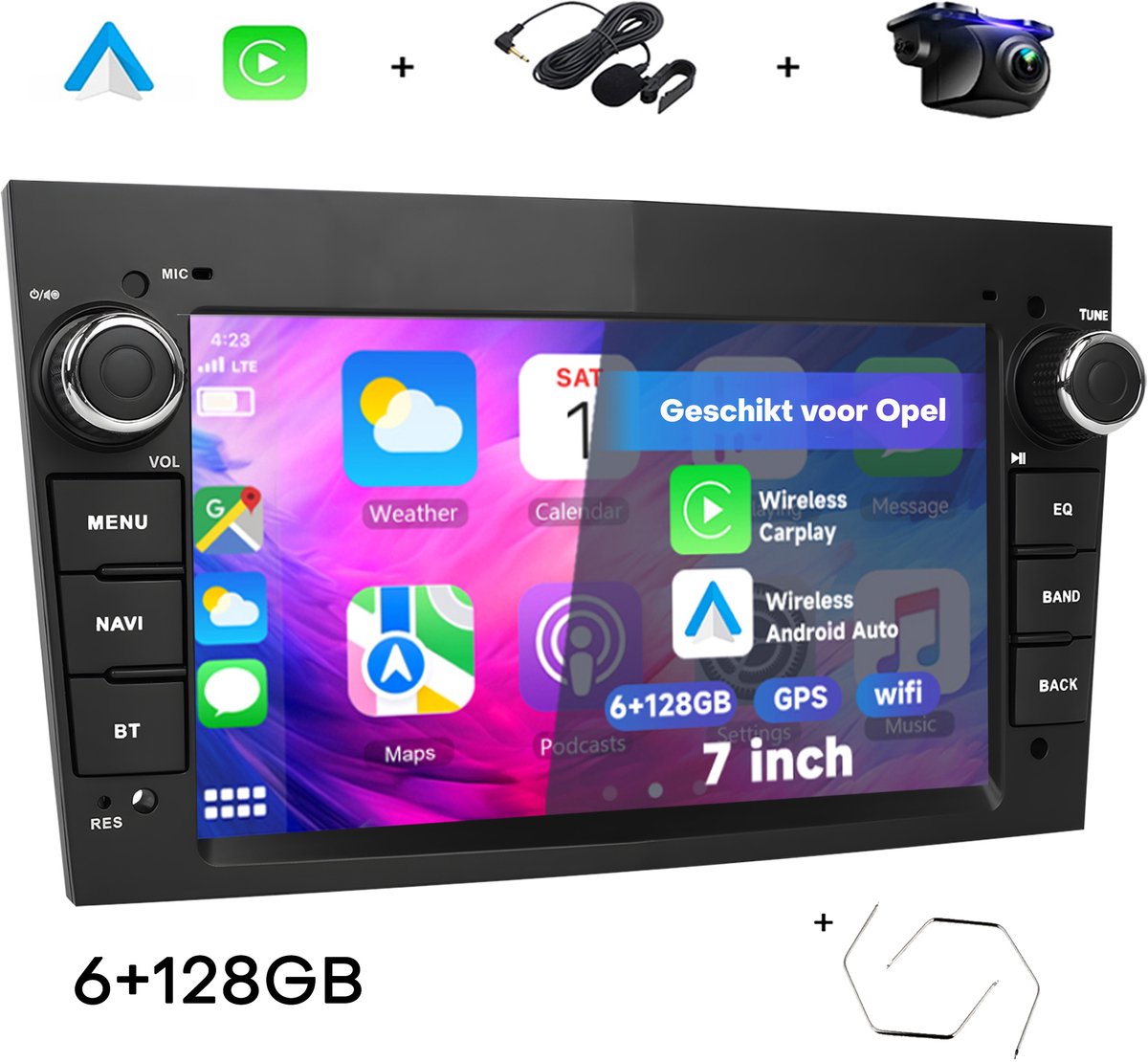 Boscer Autoradio - Geschikt voor Opel - Android 15 - Apple Carplay & Android Auto (Draadloos) - 4+64GB - 7 Inch HD Touchscreen - GPS, Bluetooth, USB & MP5 - Navigatiesysteem - Zwart - Demontagesleutels, Achteruitrijcamera & Microfoon