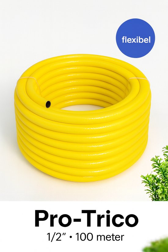 Opgerolde gele Pro-Trico tuinslang van 100 meter op witte achtergrond. Blauwe cirkel met 'flexibel'.