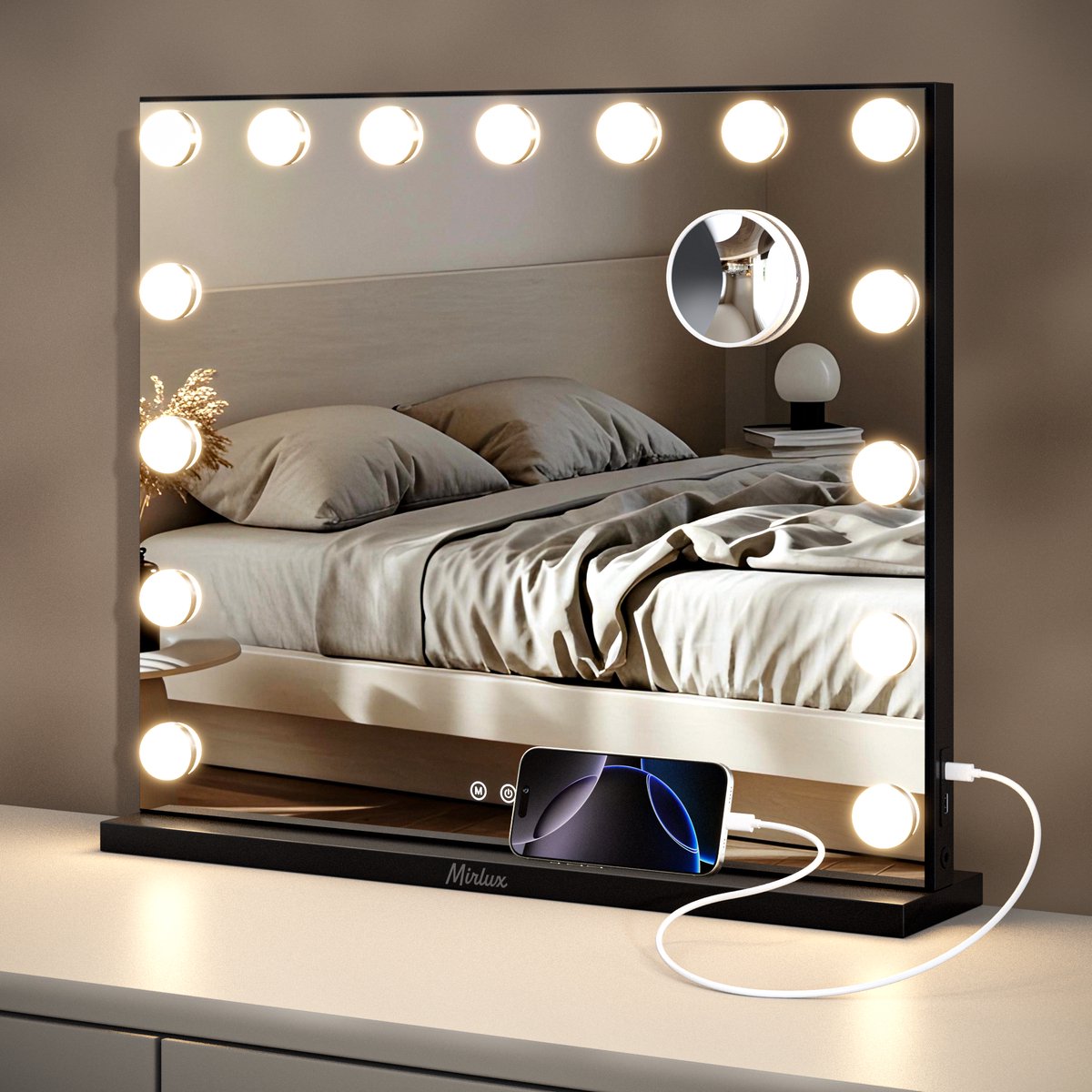 Mirlux Hollywood Make Up Spiegel - Led Verlichting - 10x Zoom - Ophangbaar - Zwart - 58x48cm