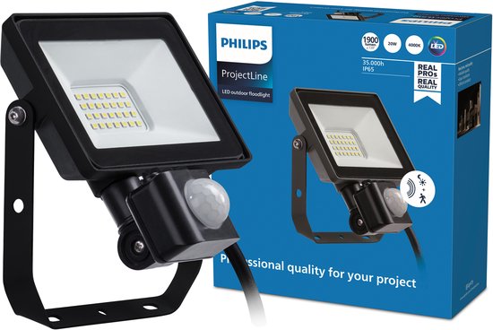 Philips ProjectLine LED buiten schijnwerper met bewegingssensor, 1900 lumen, 20W, 4000K, op verpakking.