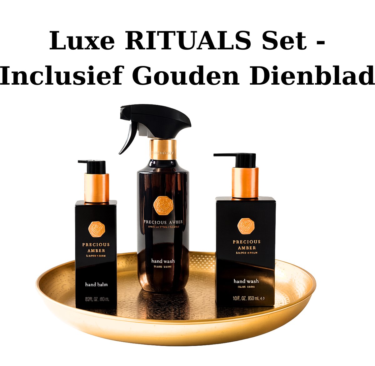 Rituals - Amber - Luxury Set - Handzeep 300 ml + Hand Balm 175 ml + Huisparfum 400 ml + Gouden Dienblad - Hand Wash 300 ml + Handbalsem 175 ml + Home Perfume Spray 400 ml + Gouden Decoratief Plateau