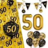 LUQ – All-Out Glam Set 50 Jaar – Zwart-Goud Verjaardag Decor – Luxe Feestpakket Ballonnen-Slingers-Vlaggenlijn-Gordijn