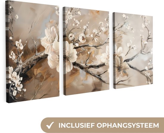 Drieluik canvas schilderij met beige abstracte bloesemtakken met witte bloemen, inclusief ophangsysteem.