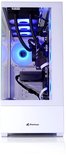 Witte computerkast met glazen venster, blauw verlichte ventilatoren en interne componenten.