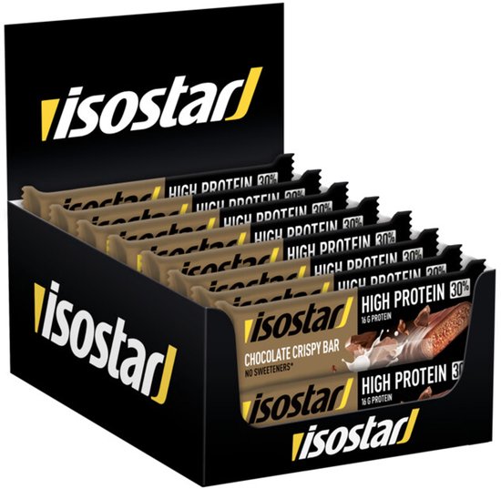 Doos met Isostar High Protein chocolade crispy bars, 30% eiwit.