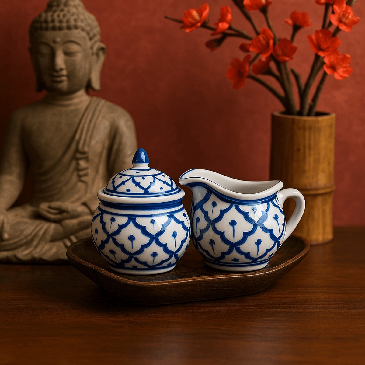 Handgeschilderde Aziatische melk- en suikerset – Authentiek keramiek servies