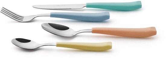 Bestekset 24 stuks gekleurd - roestvrij staal met levendig gekleurde plastic brede handgrepen - comfortabel vast te houden - 6 x vorken, 6 x dinermessen, 6 x eetlepels, 6 x theelepels van Dynamic24 — afbeelding 4