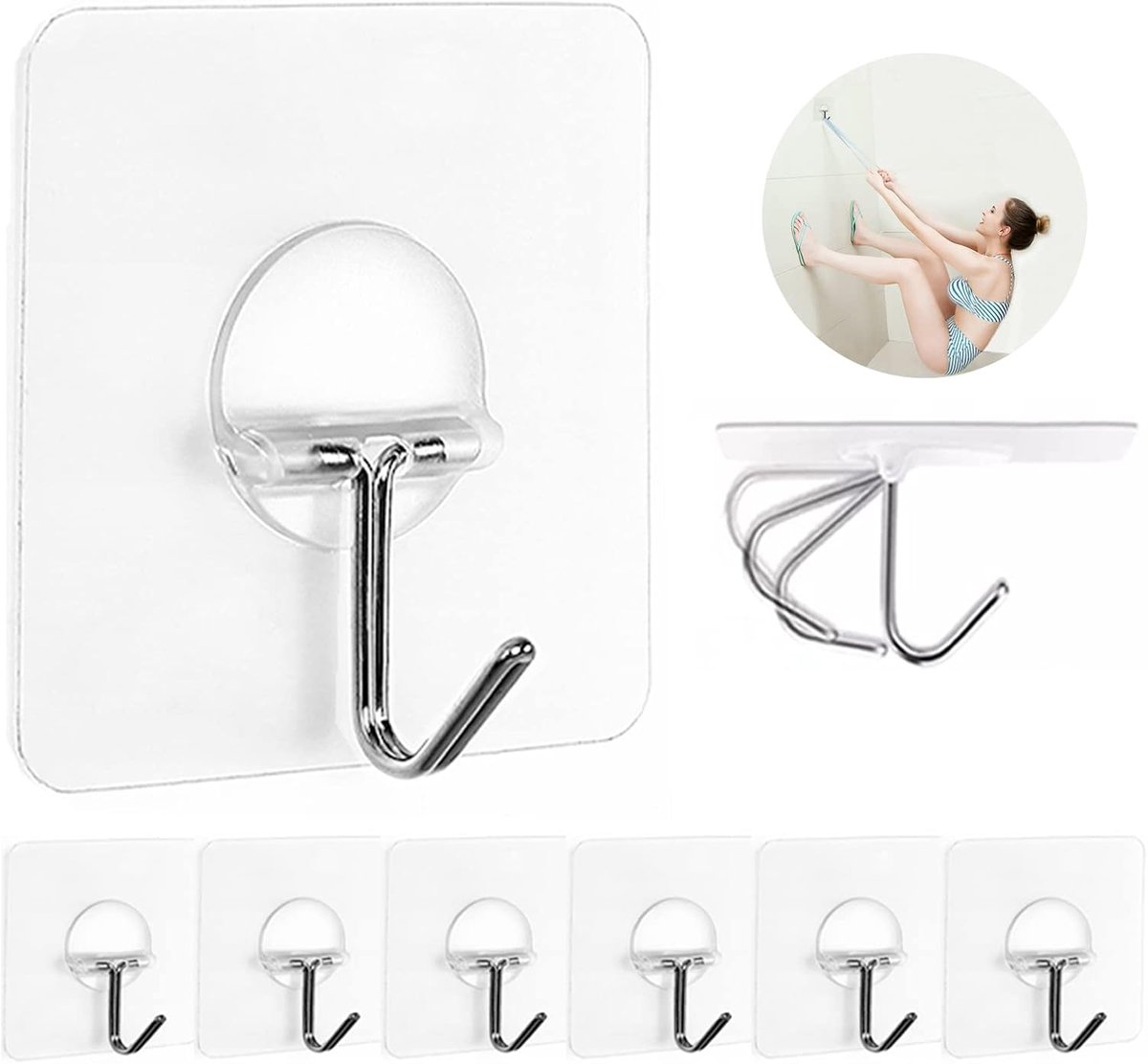 Zelfklevende wandhaken voor het ophangen van zware handdoek- en kledinghaken, waterdichte transparante haken geschikt voor badkamer, douche, keuken, sleutel, deur, buitenhuisdecoratie, gebruiksvriendelijke haken 8Individueel pakket