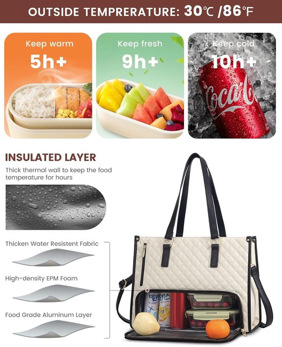 Lunchtas voor dames, 15,6 inch laptoptas met geïsoleerd lunchvak, grote laptoptas met portemonnee voor zaken, werk, verpleegkundige, kantoor, universiteit, vrije tijd, 42 * 18 * 30 cm, beige en zwart van Lovevook — afbeelding 4