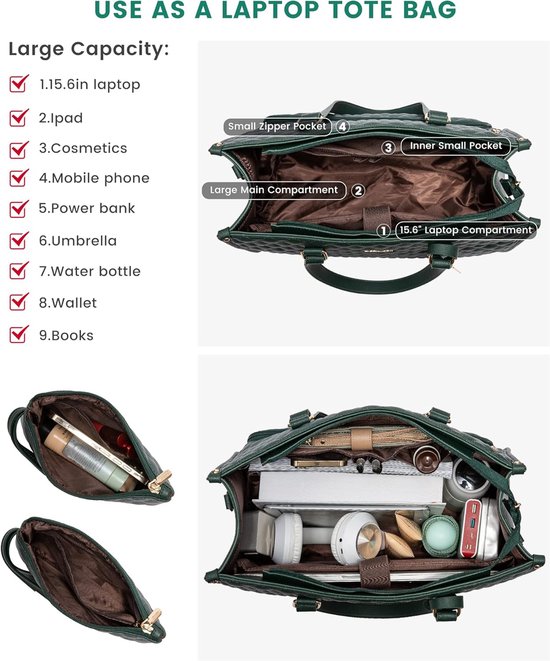 Lunch Tas, 2-in-1 Lunch Tas Handtas Combinatie, 15,6-inch Handtas Met Geïsoleerde Lunch Kamer, Lunch Tas, Vrouwen Koeltas, School Kantoor Isolatie Tas (groen) van Tiblue — afbeelding 5