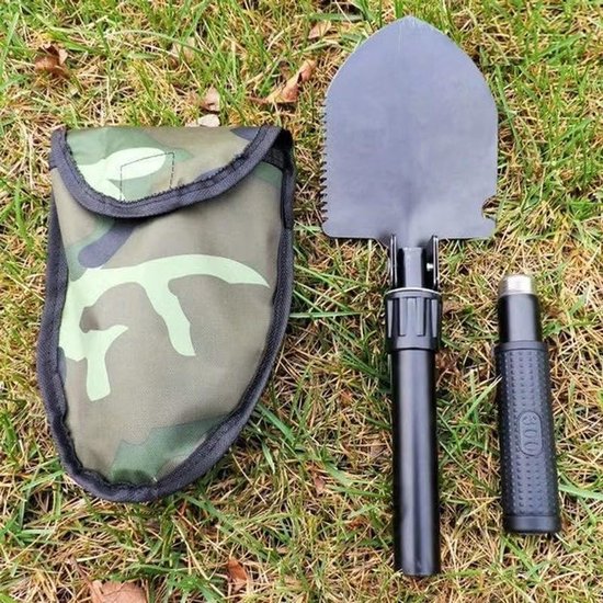 Opvouwbare schep, militair groen camouflage, metalen constructie, 4-in-1 multifunctioneel ontwerp met ergonomische rubberen handgreep, geschikt voor kamperen, avontuur, tuinieren en noodgevallen van Merkloos	 — afbeelding 5