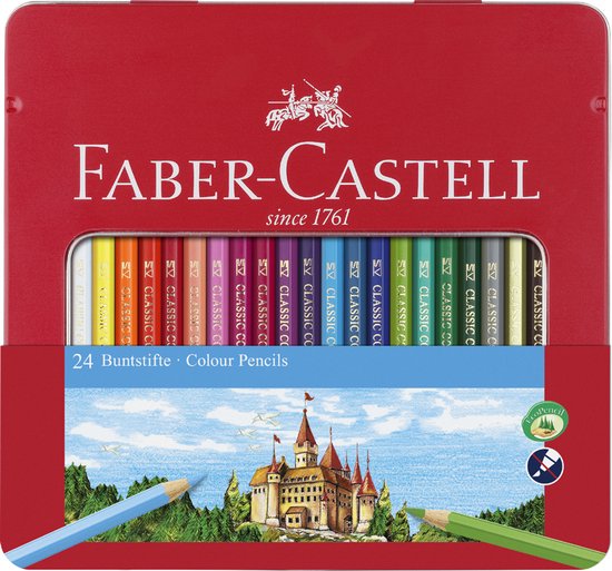 Rode Faber-Castell blik met 24 kleurpotloden, zichtbaar in een rij, met een kasteelafbeelding op de voorkant.
