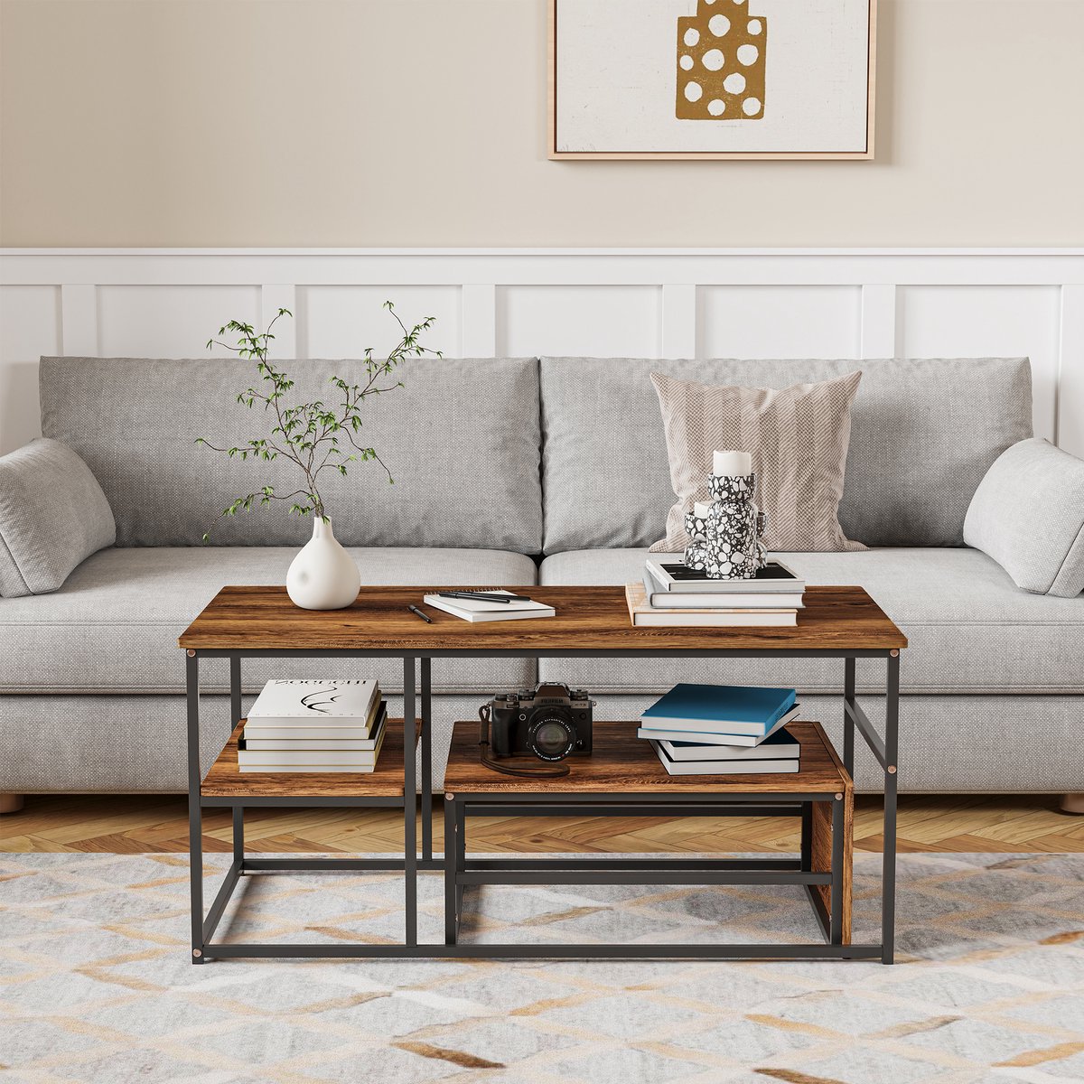 Salontafels Set van 2, Bijzettafels, Marmerlook met Metalen Frame en Plank, Rechthoekige Salontafel, Woonkamertafel, Banktafel voor Woonkamer, Slaapkamer (Bruin + Zwart Kader)