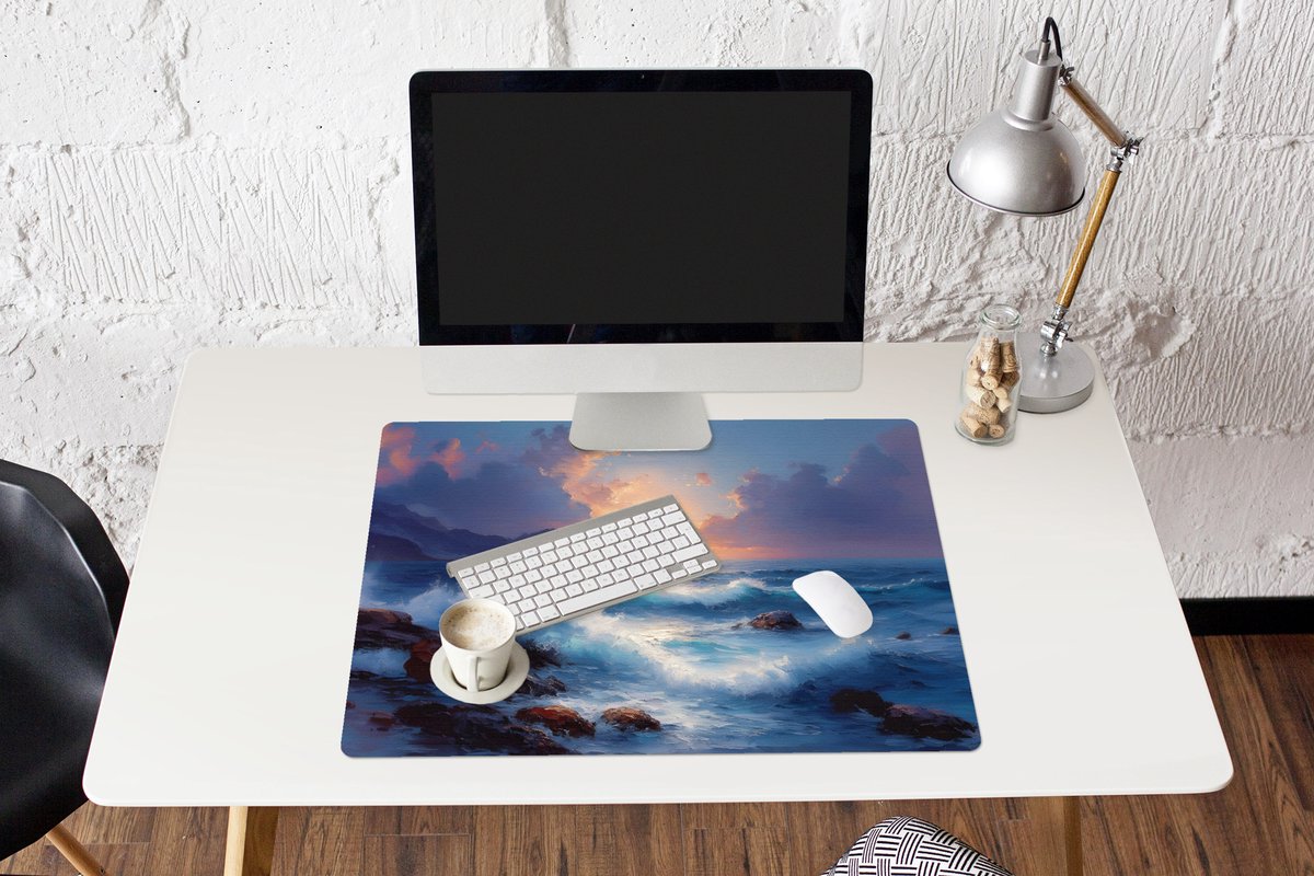 Muismat XXL 80x60 cm - Bureau onderlegger - Bureau mat Golven - Zee - Kleurrijk - Rotsen - Bureaumat - Gaming mousepad xl - Bureaulegger groot - Computer deskmat