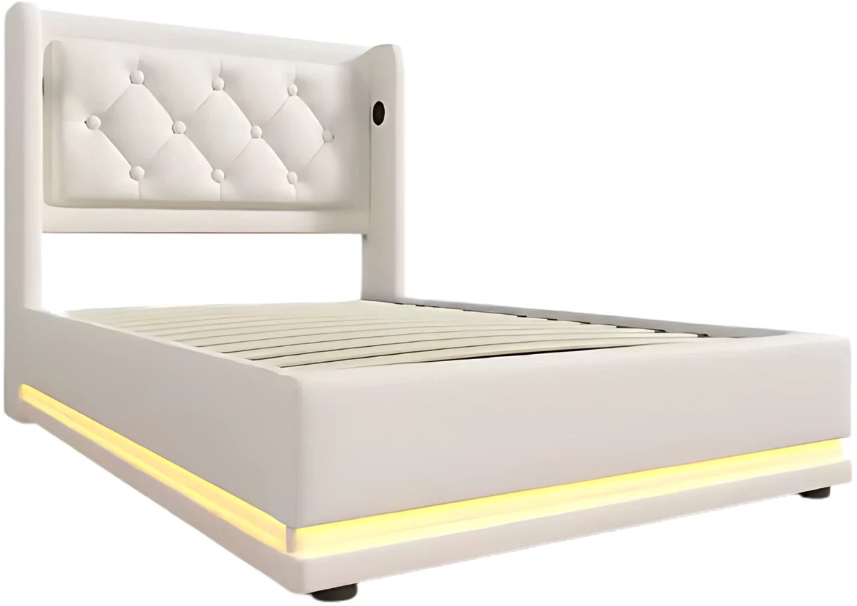 Happiq Eenpersoonsbed - Kinderbed - Kinderbedden - Jeugdbed - Voor Slaapkamer of Jeugdkamer - Met USB-C & 3-zijdig Hoofdeinde - Hydraulisch Bed met Opbergruimte - Wit PU Leer - 90x200cm