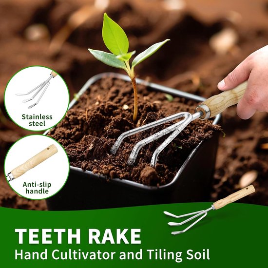 Tuingereedschapset, hoogwaardige 5-delige, zware tuingereedschapset, inclusief schep, handhark, verplanter, grote troffel en 5-klauws cultivator, gemaakt van roestvrij staal met antislip houten handgrepen van Merkloos	 — afbeelding 2