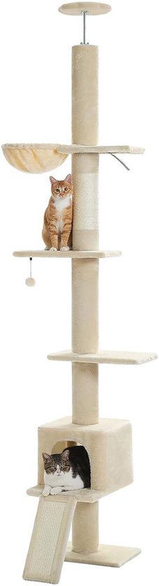 Hoge beige kattenboom met oranje kater op plateau, gestreepte kater in huisje.