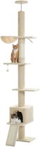 Hoge beige kattenboom met oranje kater op plateau, gestreepte kater in huisje.