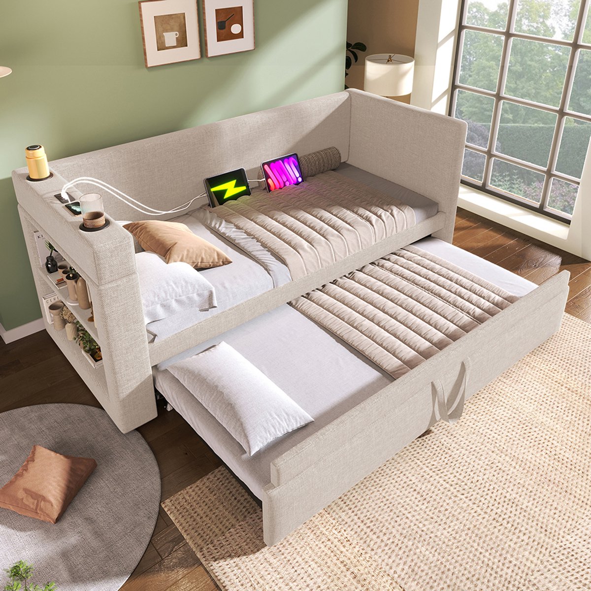 Komhtom Gestoffeerde rustbank 90 x 190 cm eenpersoonsslaapbank met uitschuifbaar bed, armleuningen met USB- en Type-C-poorten en bekerhouders van gemengd linnen in beige zonder matras.