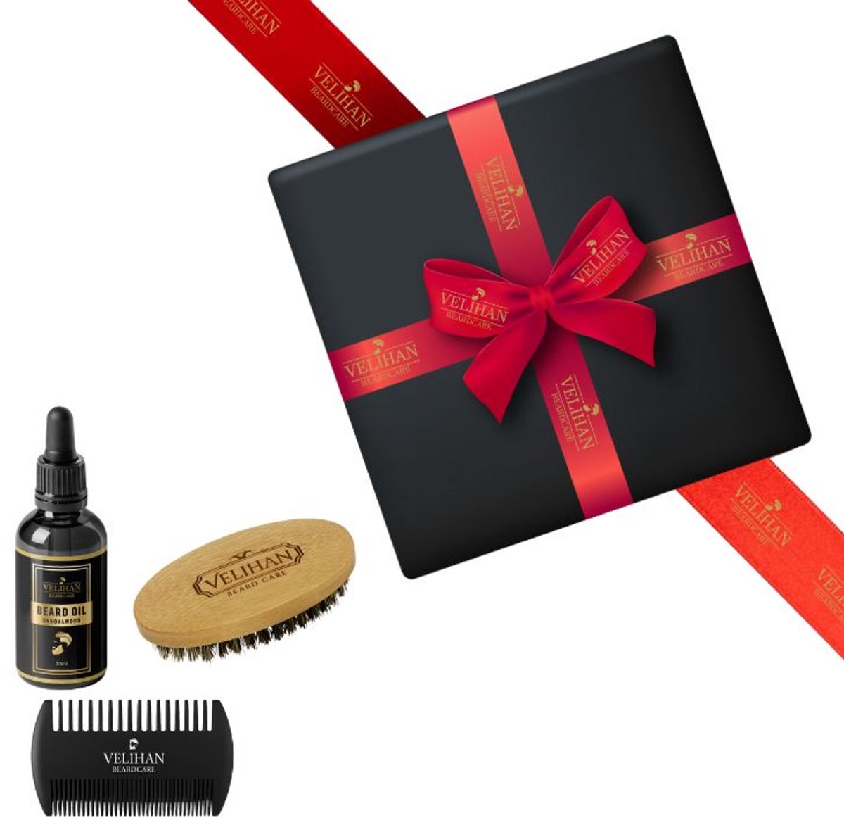 Velihan Beardcare - Baardverzorging Trio Pack Baardolie Sandalwood 30ml, Baardborstel en Baardkam - Cadeau voor mannen - Vaderdag Cadeau - Cadeau voor hem - Cadeau voor Kerst - Valentijdsdag mannen - Giftset mannen - Cadeauset verjaardag