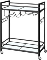 Lege donkergrijze serveerwagen met twee glazen bladen, flessenrek en glazenhangers, op wielen.