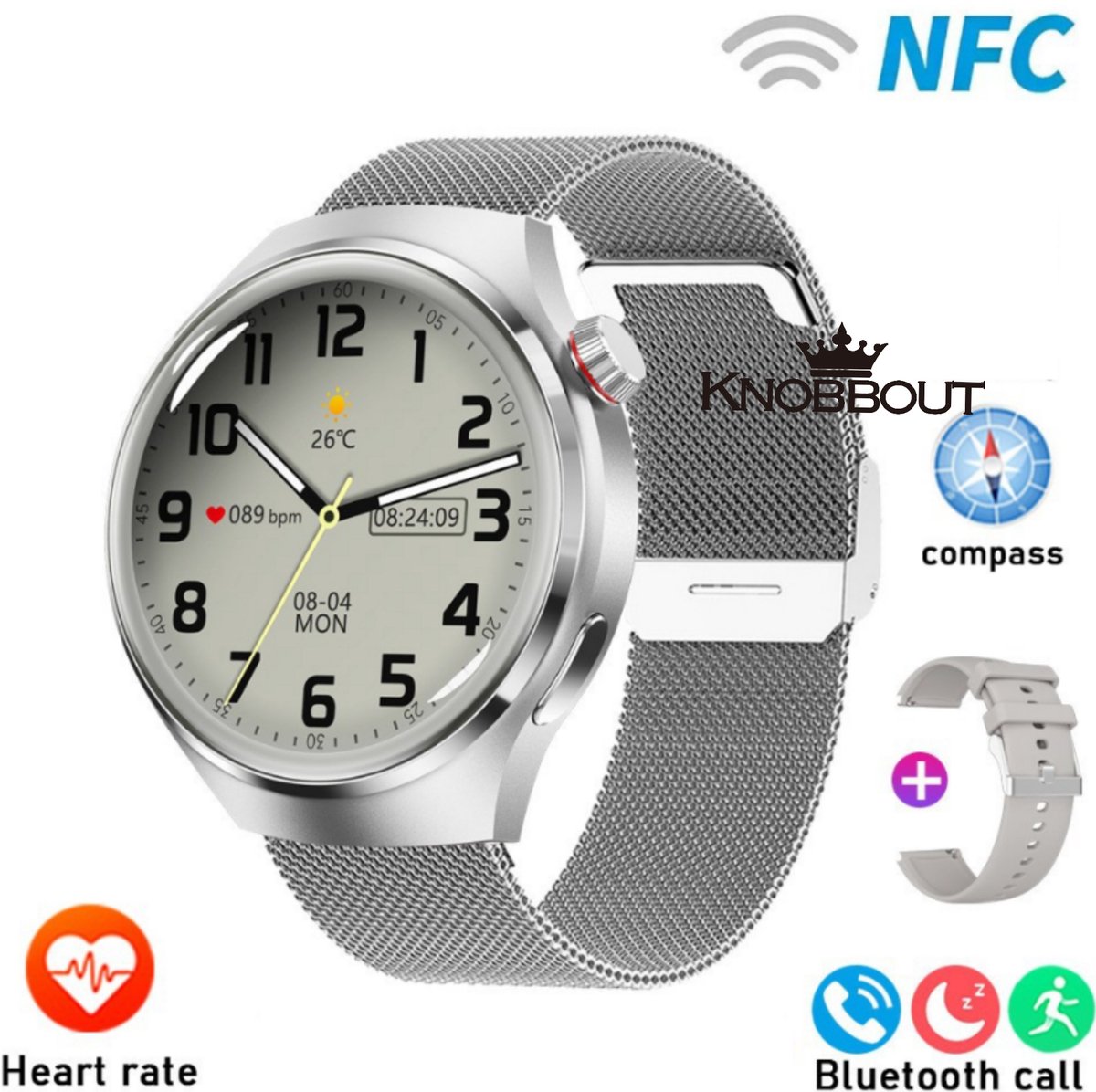 Knobbout 1.6 inch(3.7cm) Stijlvolle HD Kleurenweergave Scherm smartwatch - Ingebouwd Kompas - Hoogtemeter en Barometer - Krachtige NFC-functie - Bluetooth Handsfree Bellen - Dynamische Interactieve Weergave - Zilver staal en siliconen horlogeband