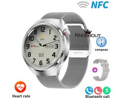 Knobbout 1.6 inch(3.7cm) Stijlvolle HD Kleurenweergave Scherm smartwatch - Ingebouwd Kompas - Hoogtemeter en Barometer - Krachtige NFC-functie - Bluetooth Handsfree Bellen - Dynamische Interactieve Weergave - Zilver staal en siliconen horlogeband