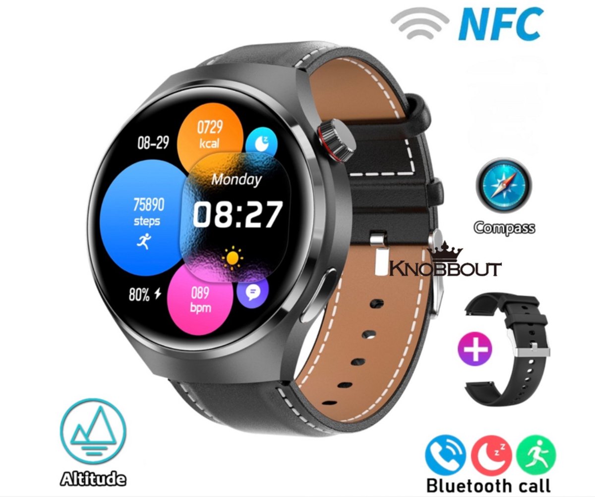 Knobbout 1.6 inch (3.7cm) Stijlvolle HD Kleurenweergave Scherm smartwatch - Ingebouwd Kompas - Hoogtemeter en Barometer - Krachtige NFC-functie - Bluetooth Handsfree Bellen - Dynamische Interactieve Weergave - Zwarte leren en siliconen horlogeband