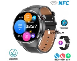 Knobbout 1.6 inch (3.7cm) Stijlvolle HD Kleurenweergave Scherm smartwatch - Ingebouwd Kompas - Hoogtemeter en Barometer - Krachtige NFC-functie - Bluetooth Handsfree Bellen - Dynamische Interactieve Weergave - Zwarte leren en siliconen horlogeband