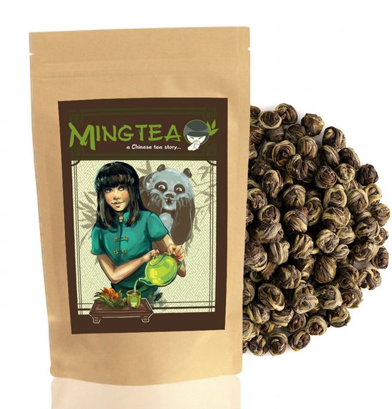 Mingtea jasmijnparels, bruine zak met illustratie van meisje en panda, en een hoopje parels ernaast.