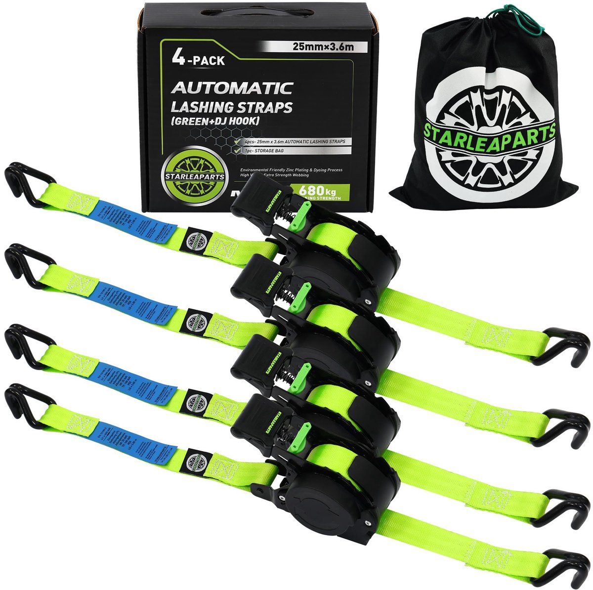 Spanband - Automatisch Oprolbaar - Met J-haken - 4 PK