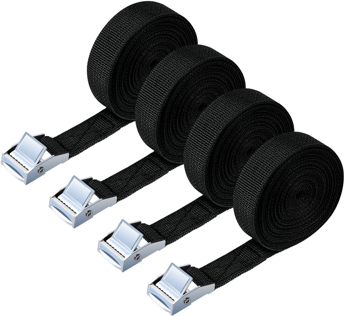 Spanband - 4 Stuks - 150 kg - 5 meter x 20 mm - Met klemgesp - Voor transport, vracht, bagage en camping - Zwart