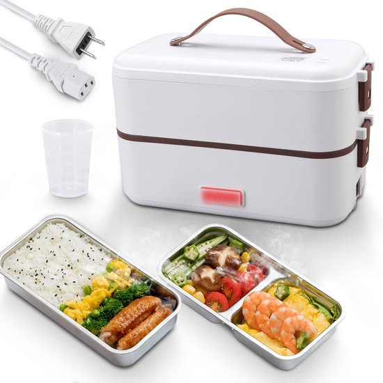 Foto: Goshyda elektrische lunchbox draagbare voedselverwarmer voor thuis kantoor en school 2 laags stoomlunchbox snel opwarmen in 20 minuten met uitneembare roestvrijstalen container automatisch 0 8 l 220 v 