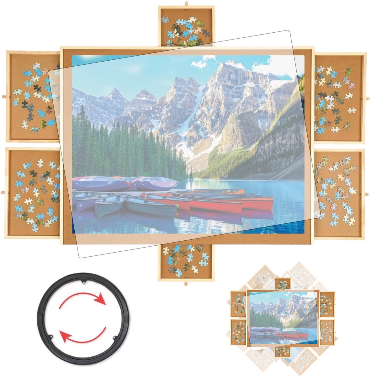Puzzelbord met Opbergsysteem - 6 lades - 1500 stukjes - Houten - Puzzeltafel - Puzzelplank - Puzzelmap - Portapuzzle - Puzzelplaat